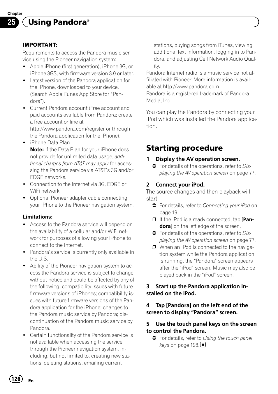 Using pandora® starting procedure, Starting procedure, 25 using pandora | Pioneer SUPER TUNER 3 D AVIC-Z120BT User Manual | Page 126 / 228