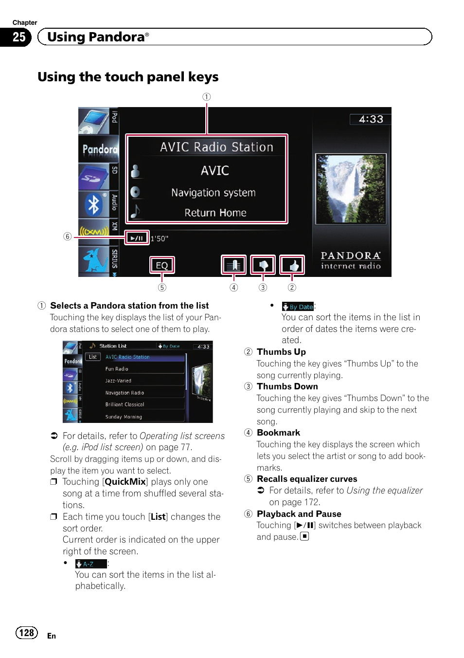 Using the touch panel keys, Using the touch panel, 25 using pandora | Pioneer SUPER TUNER 3 D AVIC-Z120BT User Manual | Page 128 / 228