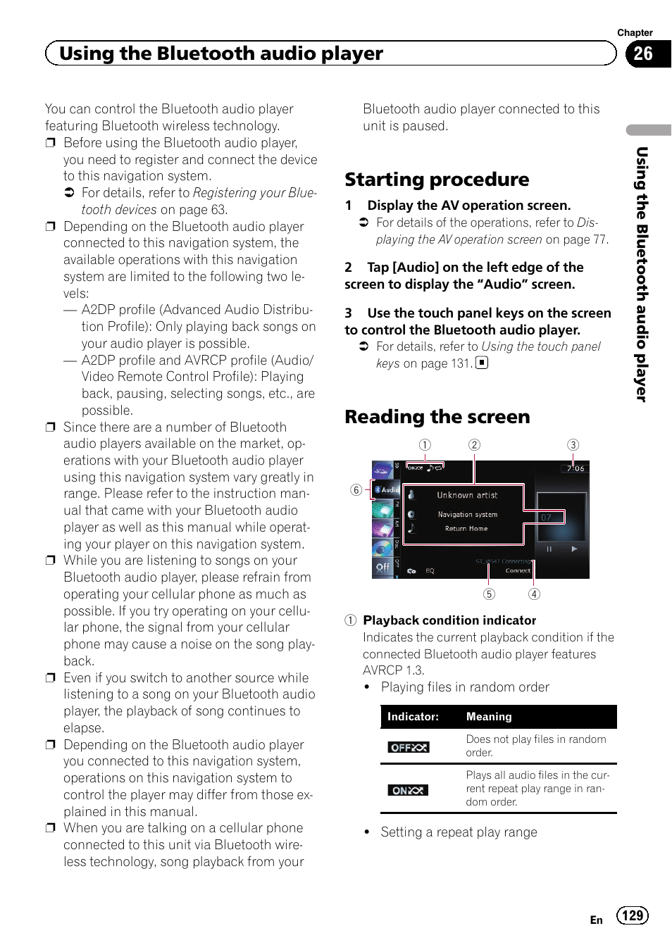 Reading the screen, Starting procedure, Using the bluetooth audio player | Pioneer SUPER TUNER 3 D AVIC-Z120BT User Manual | Page 129 / 228