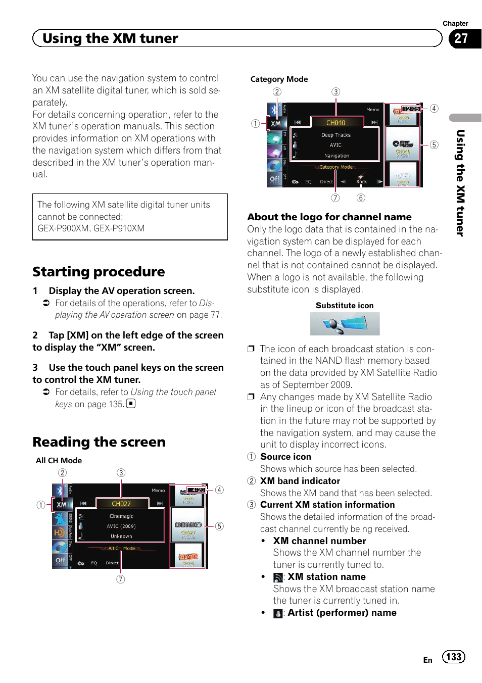 Using the xm tuner starting procedure, Reading the screen, Starting procedure | Using the xm tuner | Pioneer SUPER TUNER 3 D AVIC-Z120BT User Manual | Page 133 / 228