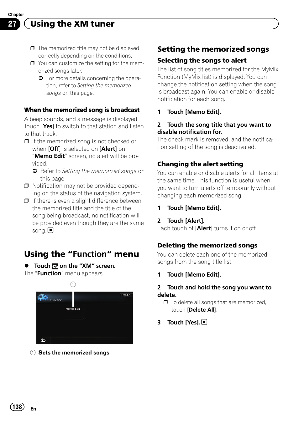 Using the, Function” menu 138, Setting the memorized songs 138 | Using the “function” menu, 27 using the xm tuner | Pioneer SUPER TUNER 3 D AVIC-Z120BT User Manual | Page 138 / 228