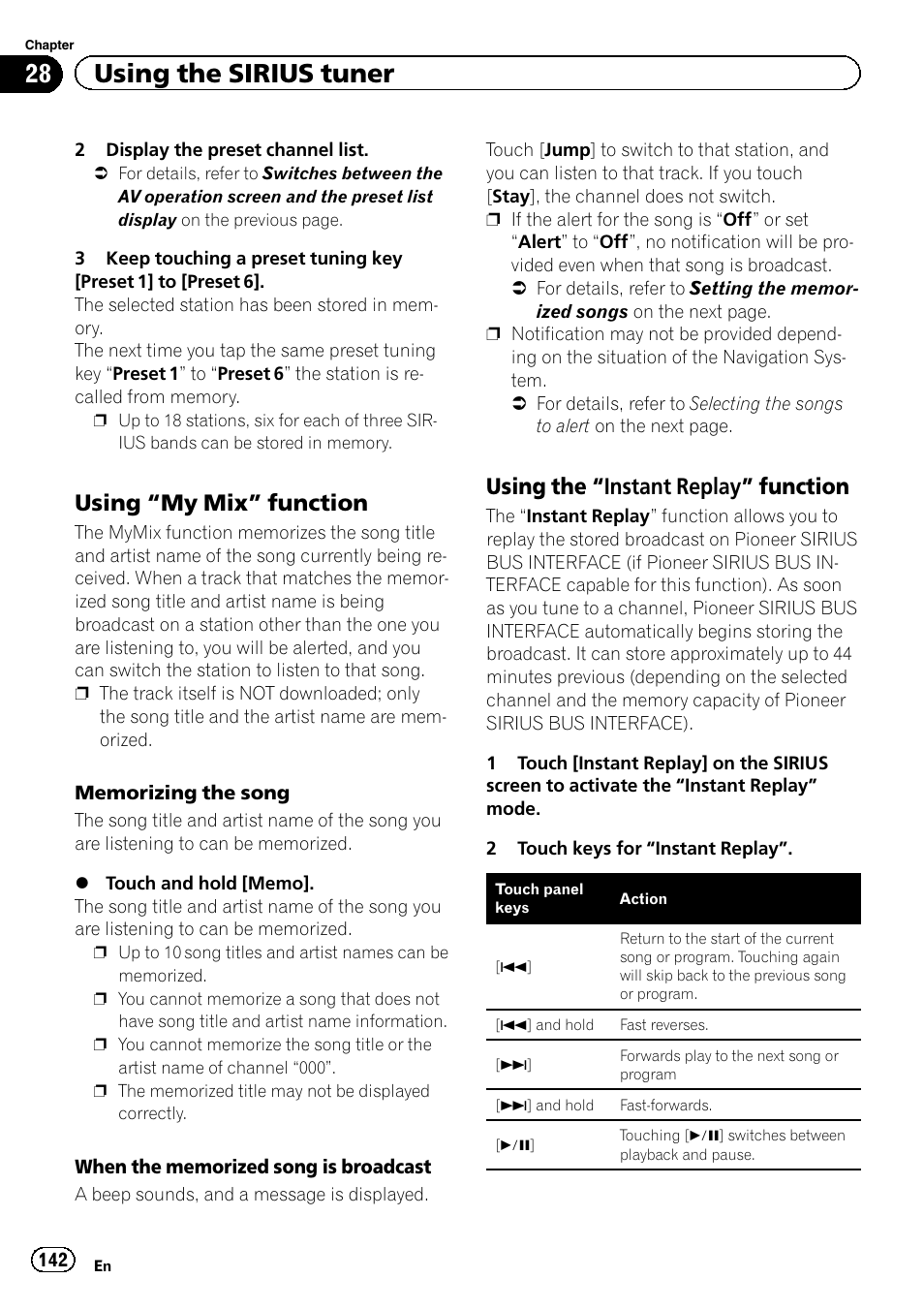 Using “my mix” function 142, Using the “instant replay, Function | Using the “instant, Replay, Memorizing the song, 28 using the sirius tuner, Using “my mix” function, Using the “instant replay” function | Pioneer SUPER TUNER 3 D AVIC-Z120BT User Manual | Page 142 / 228