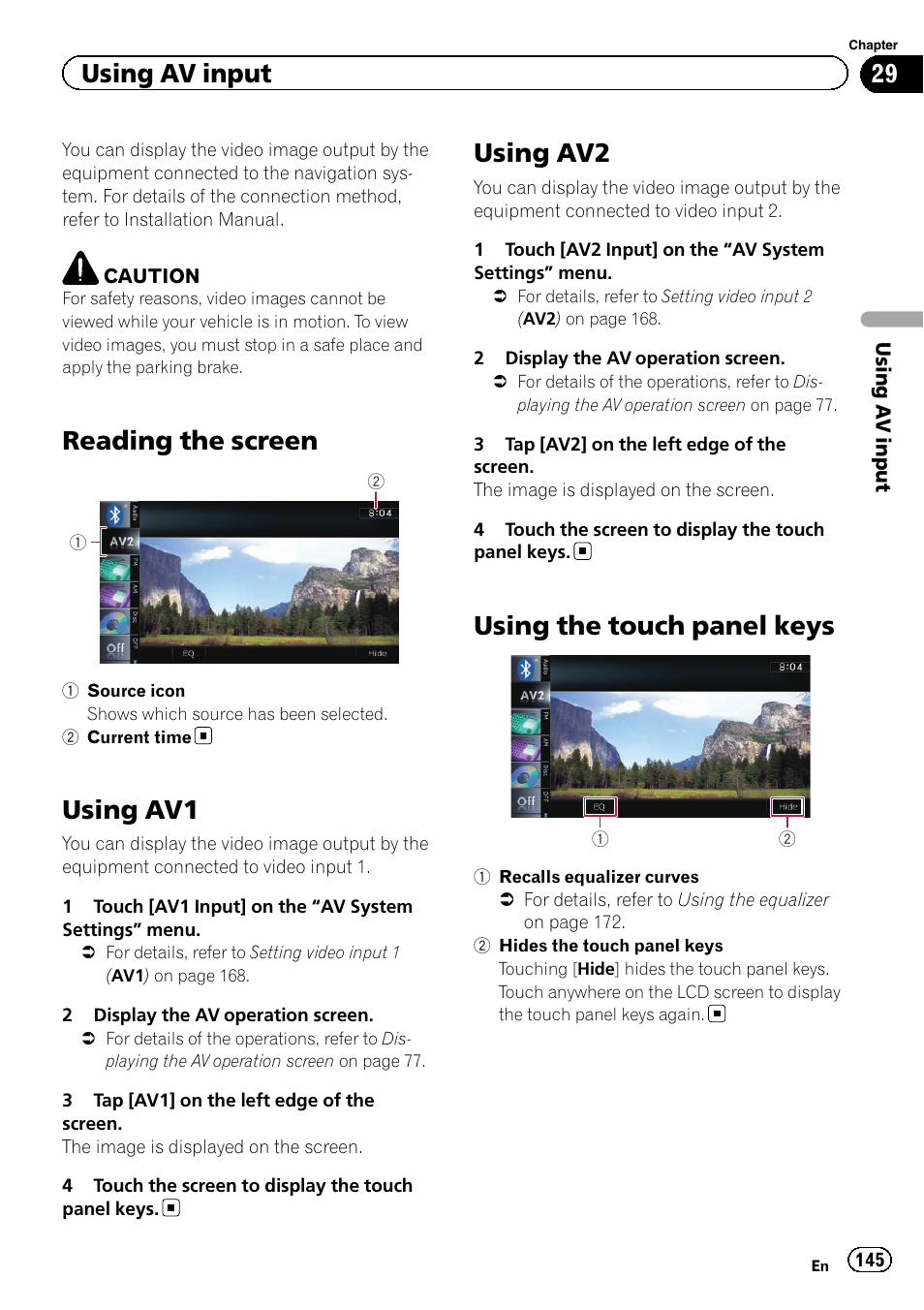 Using av input reading the screen, Using av1, Using av2 | Using the touch panel keys, Reading the screen, Using av input | Pioneer SUPER TUNER 3 D AVIC-Z120BT User Manual | Page 145 / 228