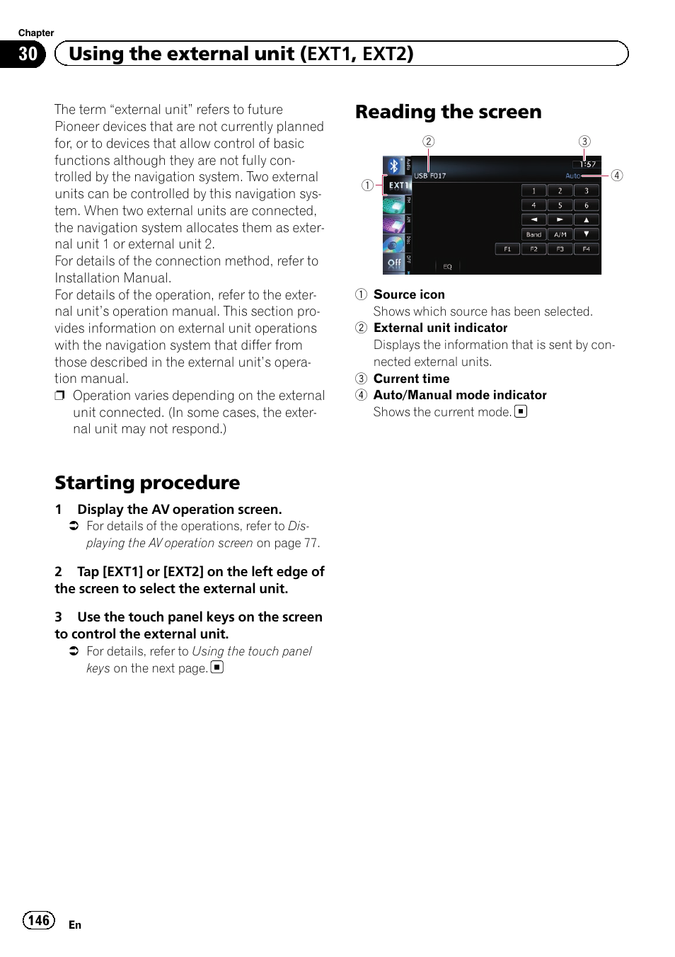 Reading the screen, Starting procedure, 30 using the external unit (ext1, ext2) | Pioneer SUPER TUNER 3 D AVIC-Z120BT User Manual | Page 146 / 228