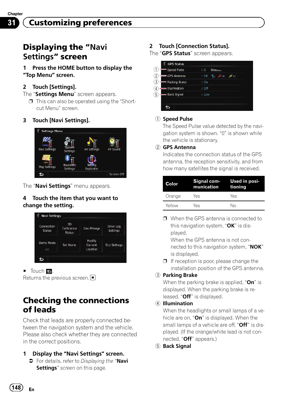 Customizing preferences displaying the, Navi settings” screen 148, Checking the connections of leads | Displaying the “navi settings ” screen, 31 customizing preferences | Pioneer SUPER TUNER 3 D AVIC-Z120BT User Manual | Page 148 / 228