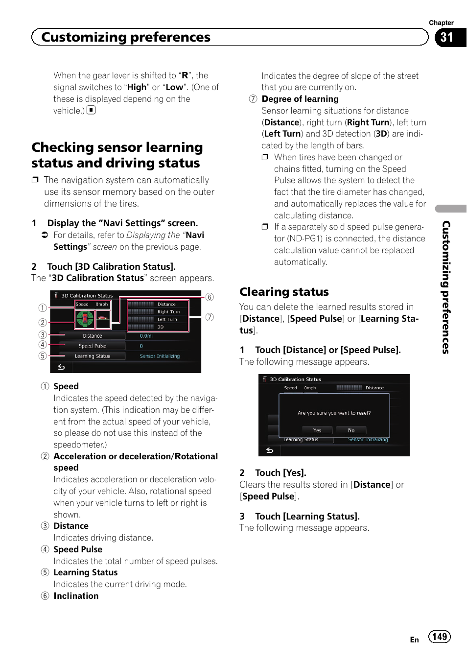 Checking sensor learning status and driving, Status, Clearing status 149 | Checking sensor learning status and driving status, Customizing preferences, Clearing status | Pioneer SUPER TUNER 3 D AVIC-Z120BT User Manual | Page 149 / 228