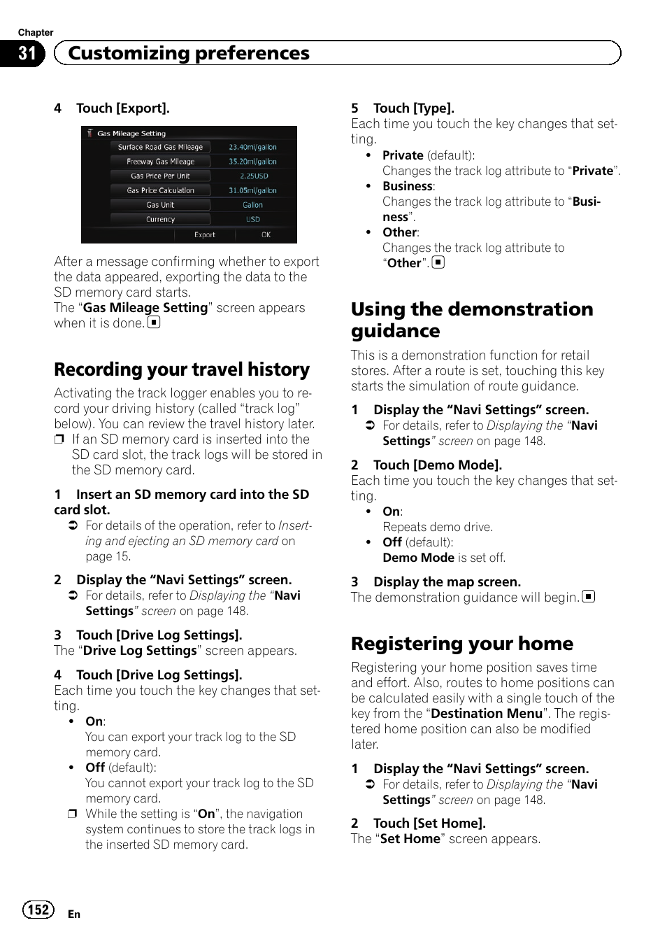 Recording your travel history, Using the demonstration guidance, Registering your home | Registering your, 31 customizing preferences | Pioneer SUPER TUNER 3 D AVIC-Z120BT User Manual | Page 152 / 228