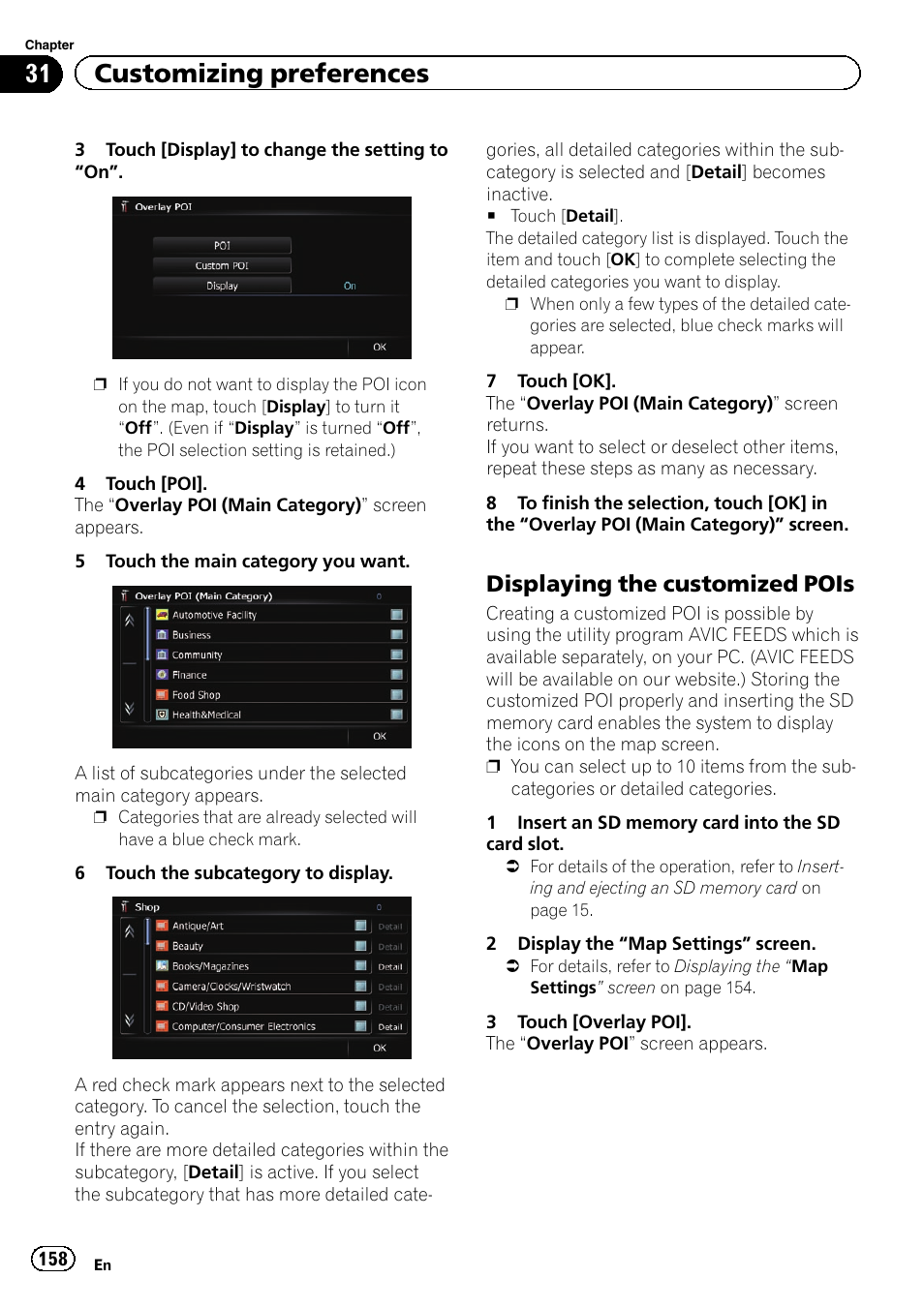 Displaying the customized pois 158, 31 customizing preferences, Displaying the customized pois | Pioneer SUPER TUNER 3 D AVIC-Z120BT User Manual | Page 158 / 228