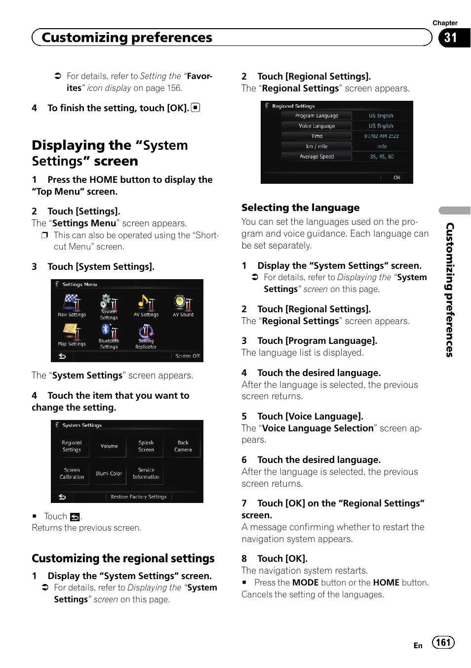 Displaying the, System settings, Screen | Customizing the regional settings 161, Displaying the “system settings ” screen, Customizing preferences, Customizing the regional settings | Pioneer SUPER TUNER 3 D AVIC-Z120BT User Manual | Page 161 / 228