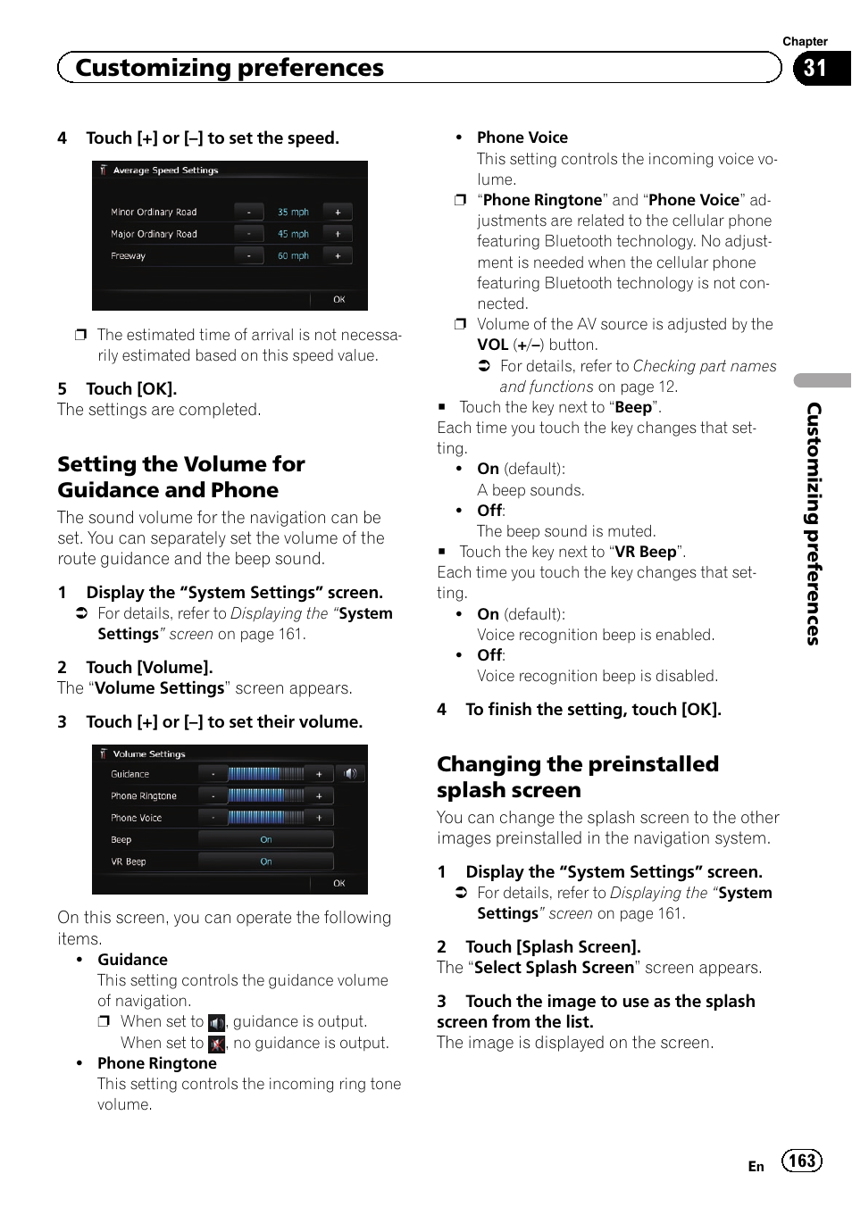 Setting the volume for guidance and, Phone, Changing the preinstalled splash | Screen, Setting the volume for, Setting the volume, Customizing preferences, Setting the volume for guidance and phone, Changing the preinstalled splash screen | Pioneer SUPER TUNER 3 D AVIC-Z120BT User Manual | Page 163 / 228