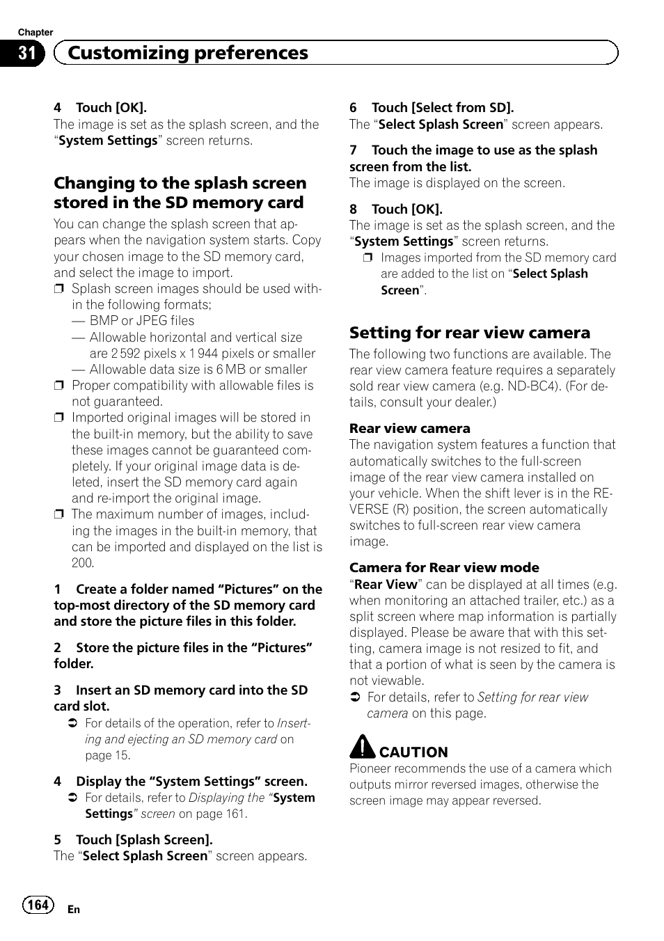 Changing to the splash screen stored, In the sd memory card, Setting for rear view camera 164 | Setting for rear, 31 customizing preferences, Setting for rear view camera | Pioneer SUPER TUNER 3 D AVIC-Z120BT User Manual | Page 164 / 228