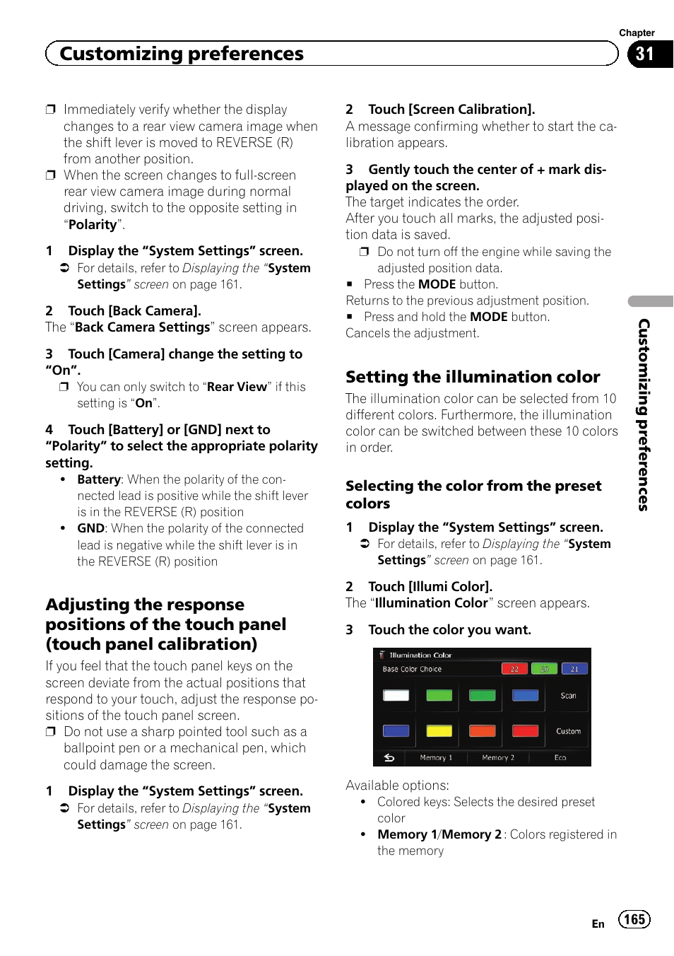 Adjusting the response positions of the, Touch panel (touch panel calibration), Setting the illumination color 165 | Customizing preferences, Setting the illumination color | Pioneer SUPER TUNER 3 D AVIC-Z120BT User Manual | Page 165 / 228