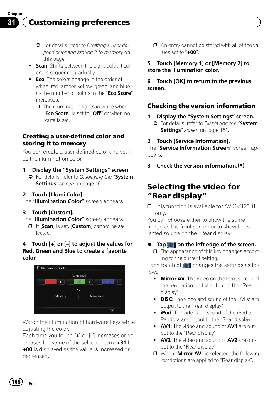 Checking the version information 166, Selecting the video for, Rear display” 166 | Selecting the video for “rear display, 31 customizing preferences, Checking the version information | Pioneer SUPER TUNER 3 D AVIC-Z120BT User Manual | Page 166 / 228