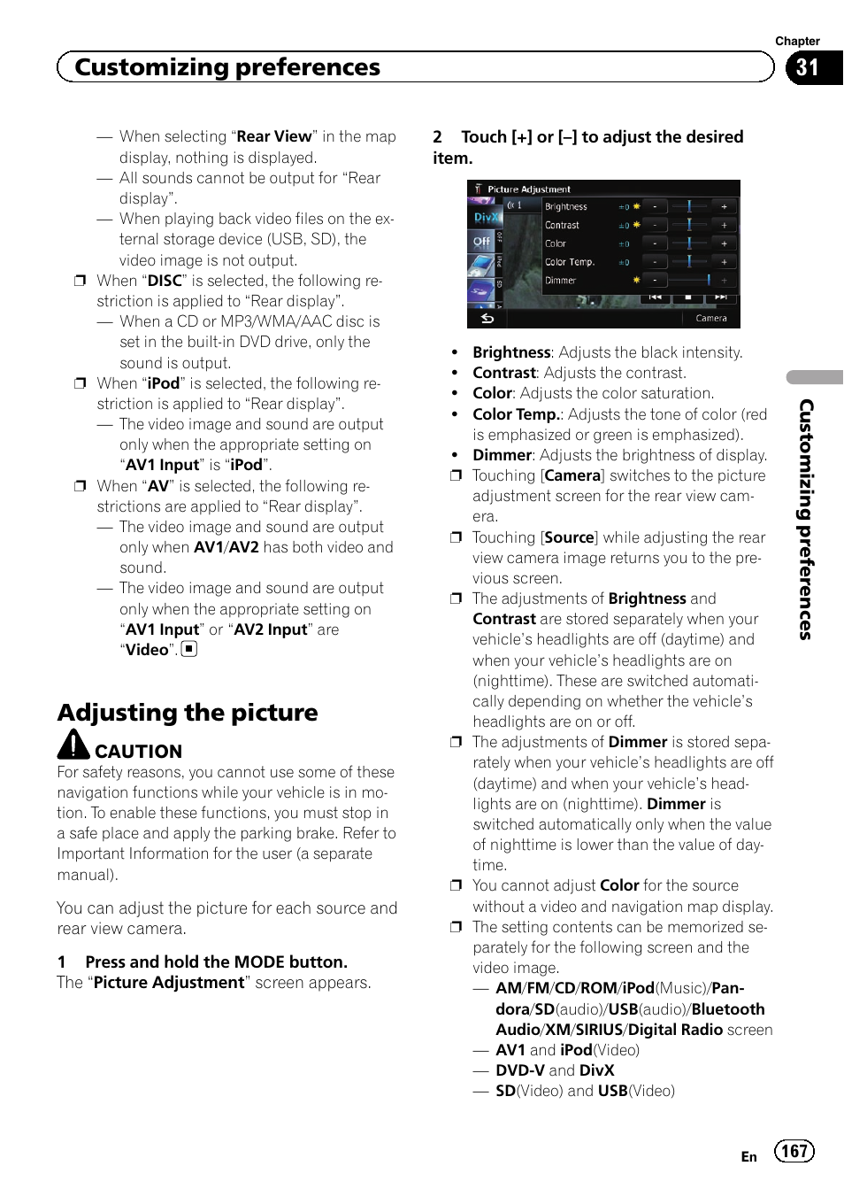 Adjusting the picture, Adjusting the pic, Customizing preferences | Pioneer SUPER TUNER 3 D AVIC-Z120BT User Manual | Page 167 / 228