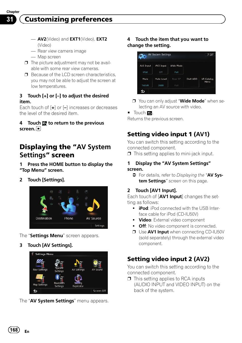 Displaying the, Av system settings, Screen | Setting video input 1 (av1) 168, Setting video input 2 (av2) 168, Setting video input 1, Setting video input 2, Displaying the “av system settings ” screen, 31 customizing preferences, Setting video input 1 (av1) | Pioneer SUPER TUNER 3 D AVIC-Z120BT User Manual | Page 168 / 228