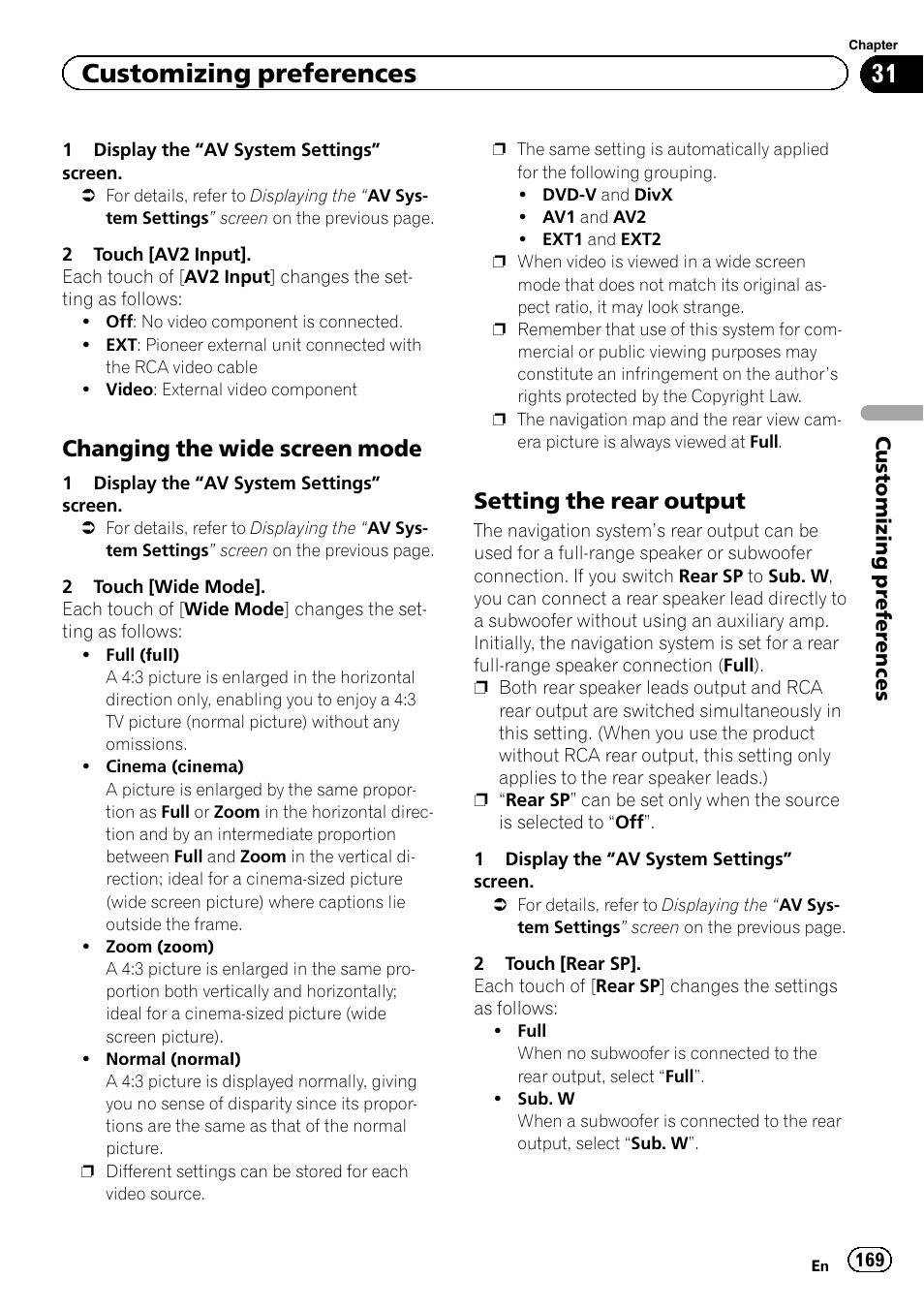 Changing the wide screen mode 169, Setting the rear output 169, Customizing preferences | Changing the wide screen mode, Setting the rear output | Pioneer SUPER TUNER 3 D AVIC-Z120BT User Manual | Page 169 / 228