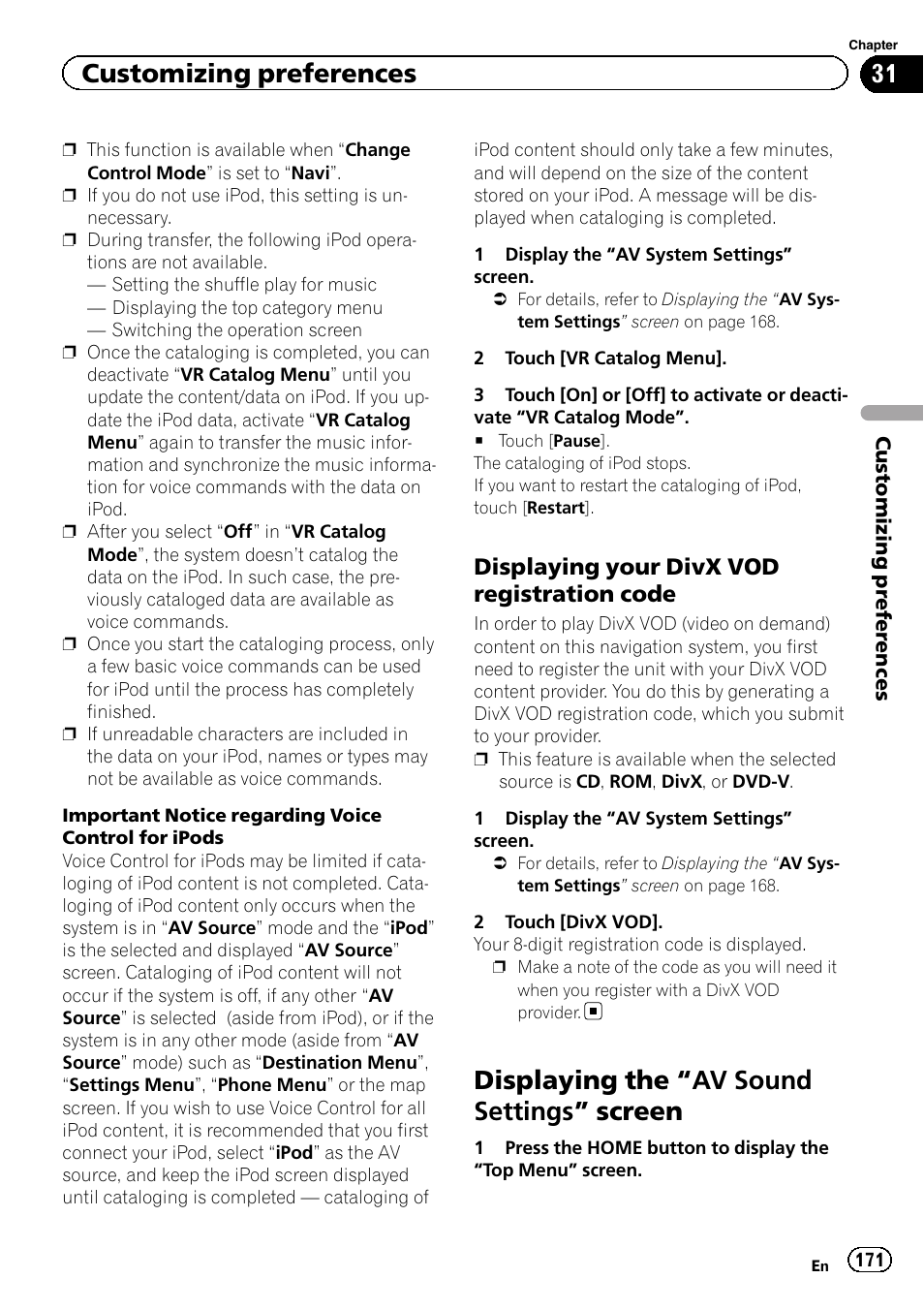 Displaying your divx vod registration, Code, Displaying the | Av sound settings, Screen, Displaying the “av sound settings ” screen, Customizing preferences, Displaying your divx vod registration code | Pioneer SUPER TUNER 3 D AVIC-Z120BT User Manual | Page 171 / 228