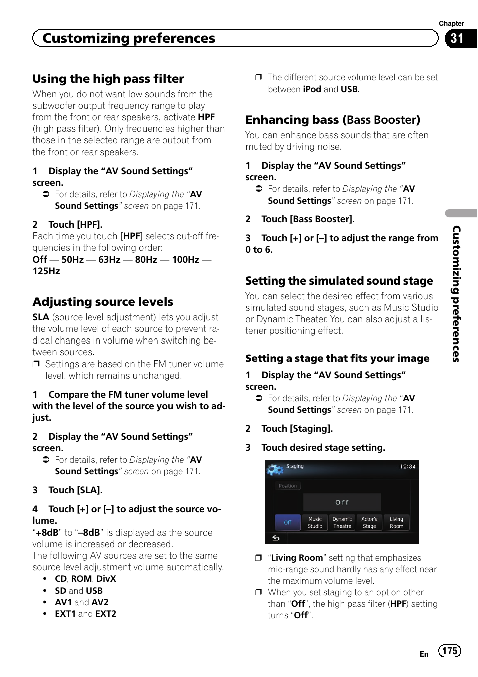 Using the high pass filter 175, Adjusting source levels 175, Enhancing bass (bass booster) 175 | Setting the simulated sound, Stage, Customizing preferences, Using the high pass filter, Adjusting source levels, Enhancing bass (bass booster), Setting the simulated sound stage | Pioneer SUPER TUNER 3 D AVIC-Z120BT User Manual | Page 175 / 228