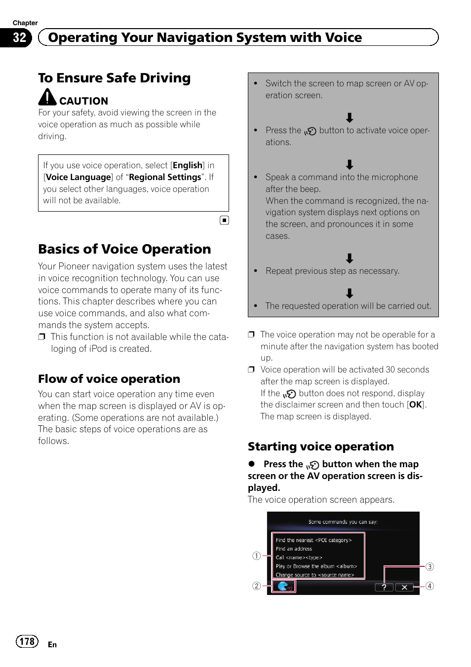 Basics of voice operation, Flow of voice operation 178, Starting voice operation 178 | 32 operating your navigation system with voice, Flow of voice operation, Starting voice operation | Pioneer SUPER TUNER 3 D AVIC-Z120BT User Manual | Page 178 / 228