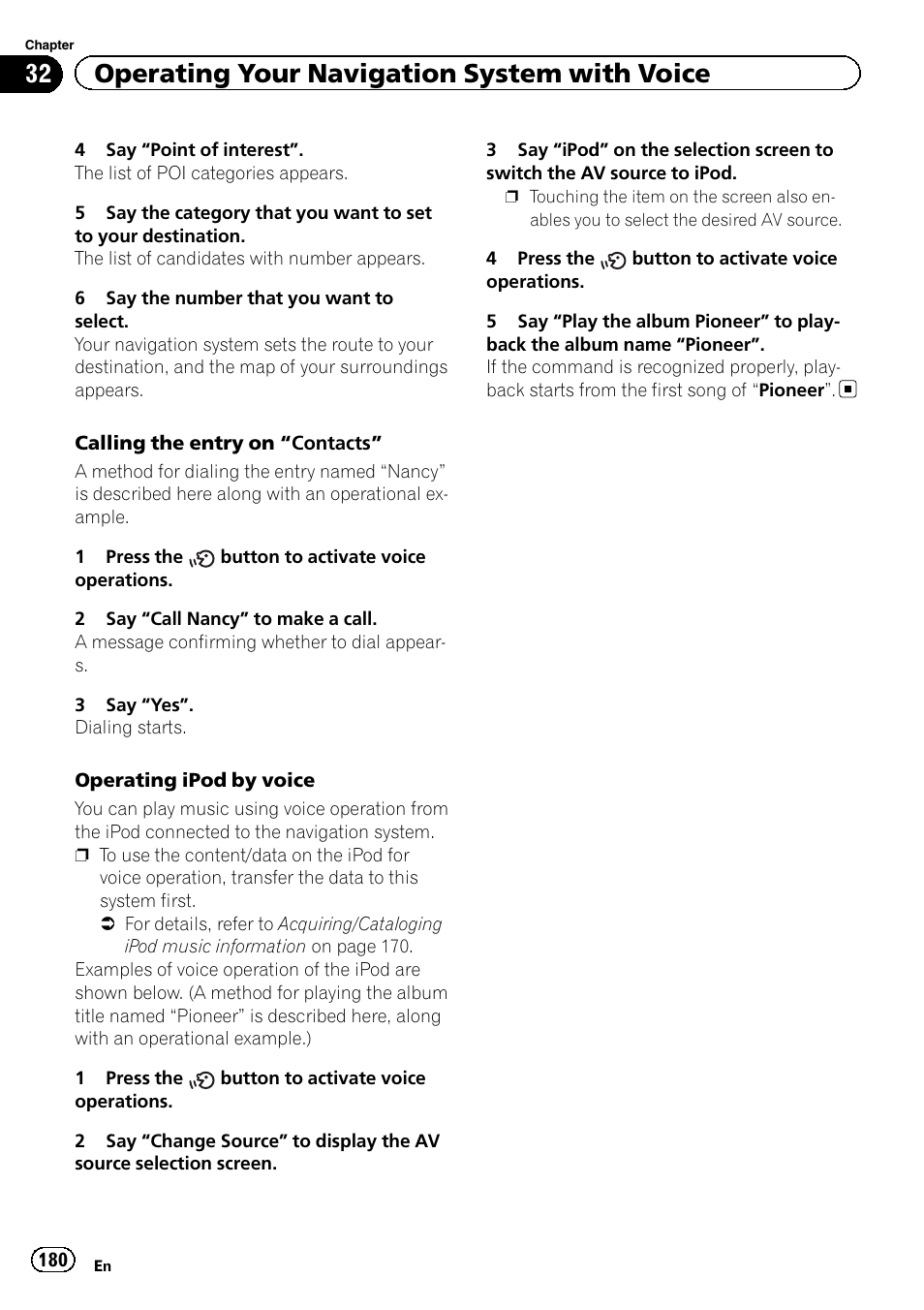 32 operating your navigation system with voice | Pioneer SUPER TUNER 3 D AVIC-Z120BT User Manual | Page 180 / 228