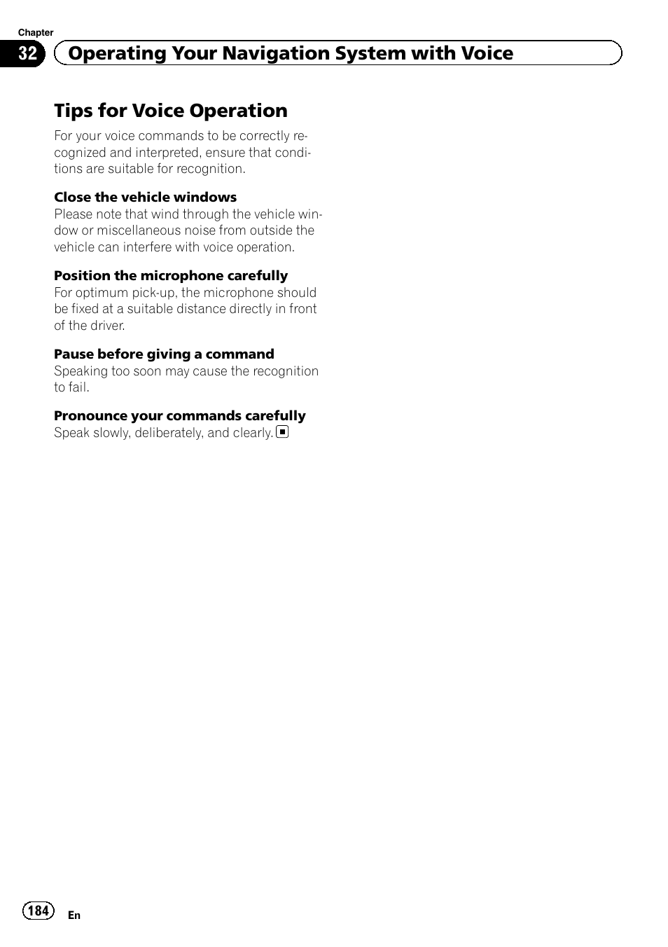 Tips for voice operation, 32 operating your navigation system with voice | Pioneer SUPER TUNER 3 D AVIC-Z120BT User Manual | Page 184 / 228