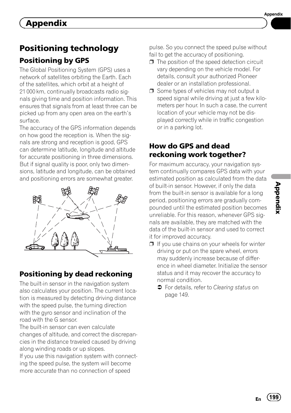 Positioning technology, Positioning by gps 199, Positioning by dead reckoning 199 | How do gps and dead reckoning work, Together, Appendix | Pioneer SUPER TUNER 3 D AVIC-Z120BT User Manual | Page 199 / 228