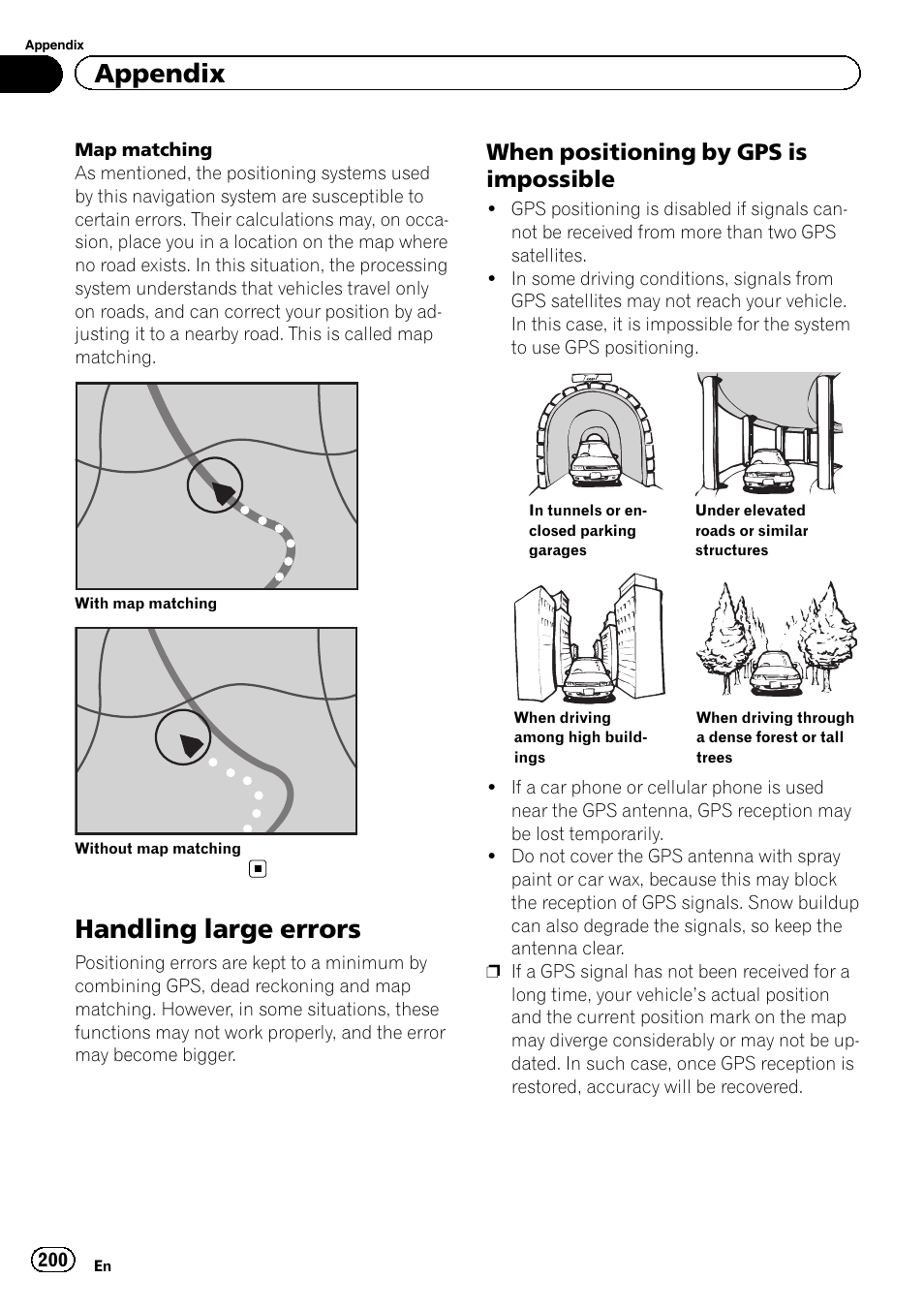 Handling large errors, When positioning by gps is, Impossible | Appendix, When positioning by gps is impossible | Pioneer SUPER TUNER 3 D AVIC-Z120BT User Manual | Page 200 / 228