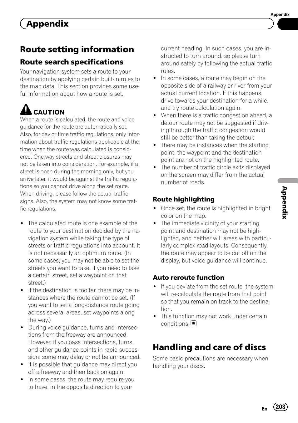 Route setting information, Route search specifications 203, Handling and care of discs | Appendix | Pioneer SUPER TUNER 3 D AVIC-Z120BT User Manual | Page 203 / 228