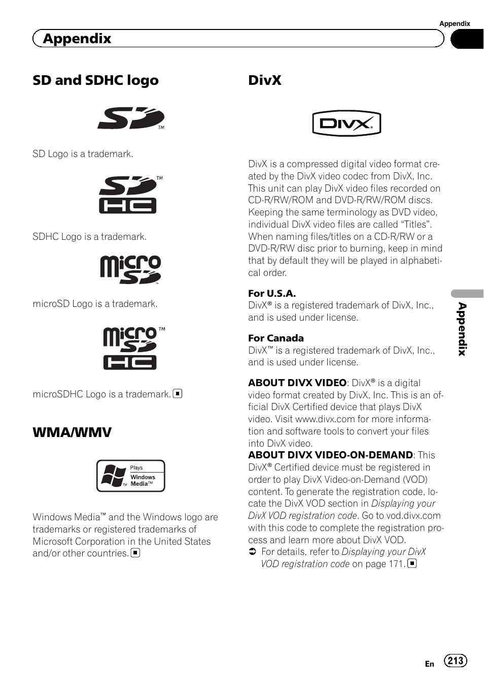 Sd and sdhc logo, Wma/wmv, Divx | Appendix | Pioneer SUPER TUNER 3 D AVIC-Z120BT User Manual | Page 213 / 228