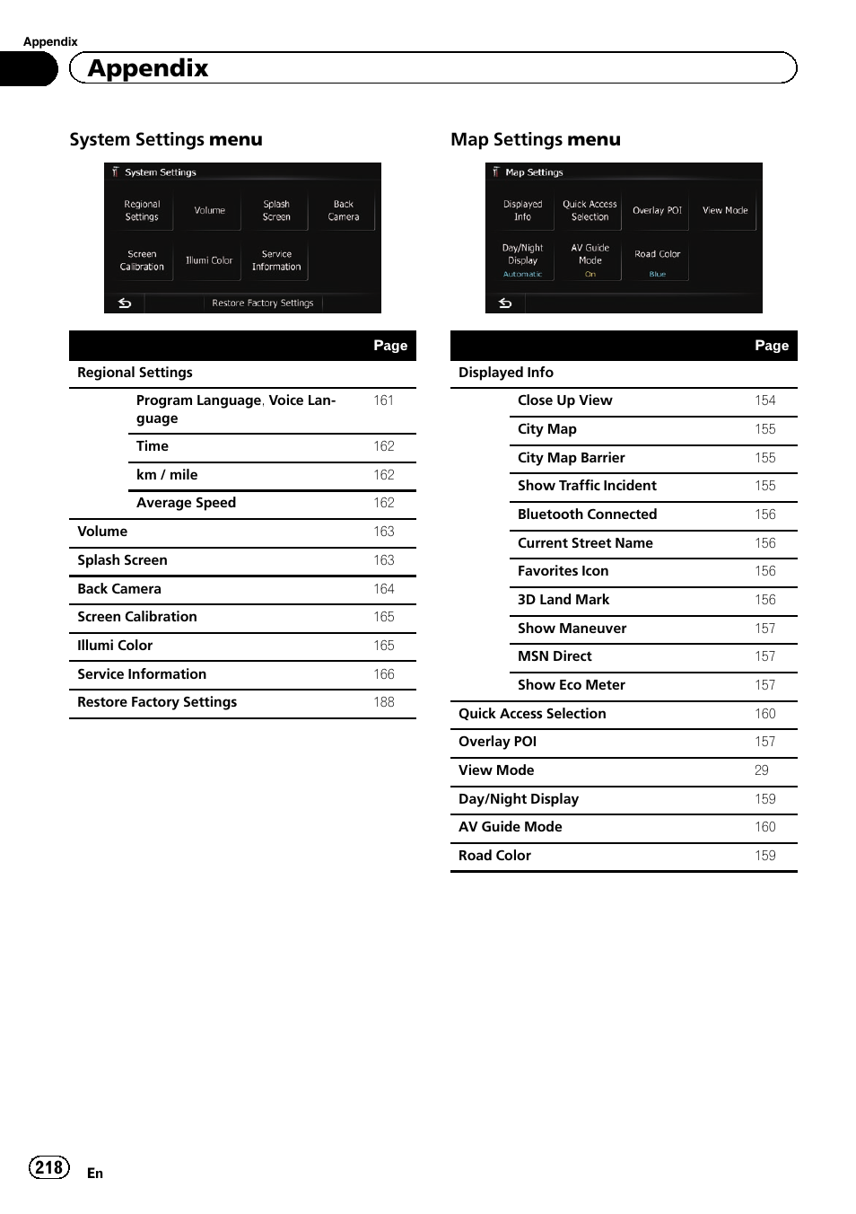 Appendix, System settings menu, Map settings menu | Pioneer SUPER TUNER 3 D AVIC-Z120BT User Manual | Page 218 / 228