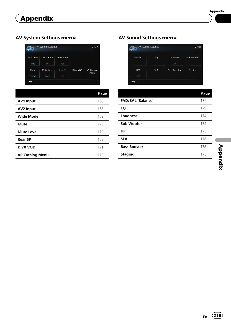 Appendix, Av system settings menu, Av sound settings menu | Pioneer SUPER TUNER 3 D AVIC-Z120BT User Manual | Page 219 / 228