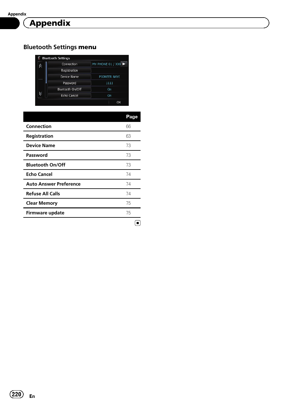 Appendix, Bluetooth settings menu | Pioneer SUPER TUNER 3 D AVIC-Z120BT User Manual | Page 220 / 228