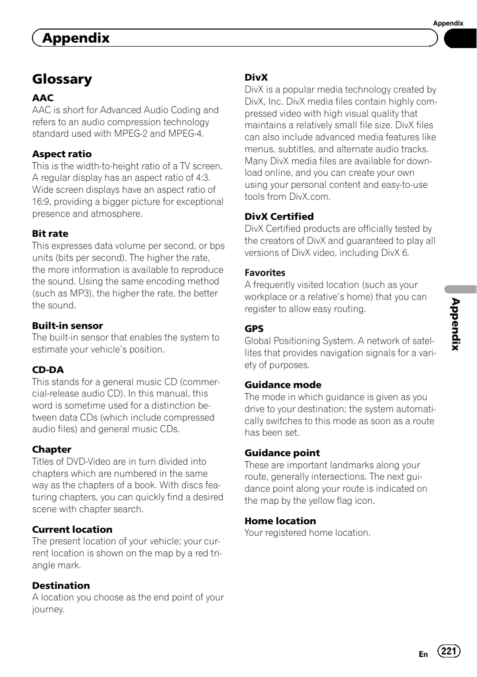 Glossary, Appendix | Pioneer SUPER TUNER 3 D AVIC-Z120BT User Manual | Page 221 / 228