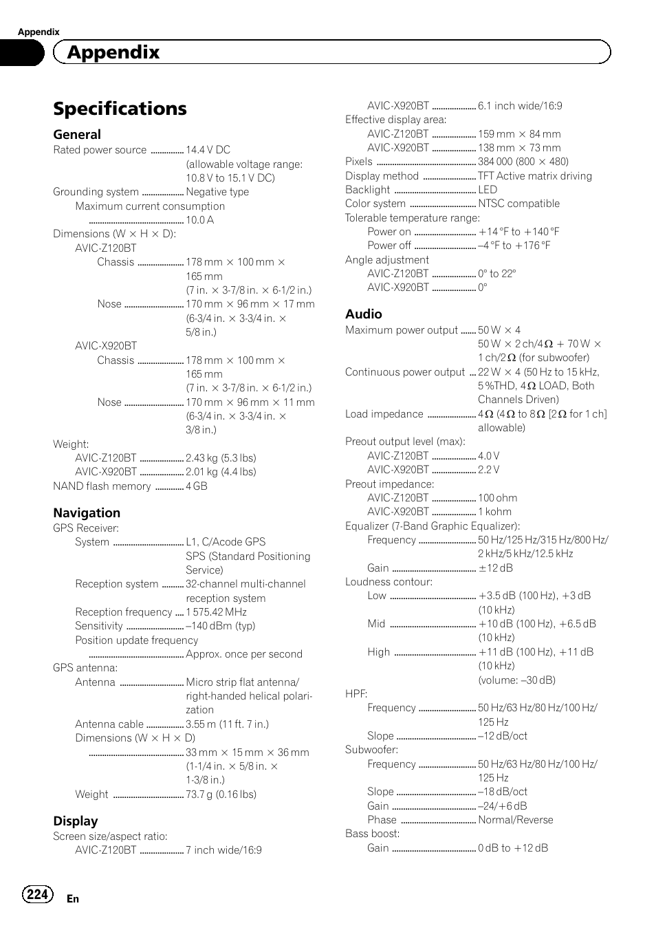 Specifications, Appendix, General | Navigation, Display, Audio | Pioneer SUPER TUNER 3 D AVIC-Z120BT User Manual | Page 224 / 228