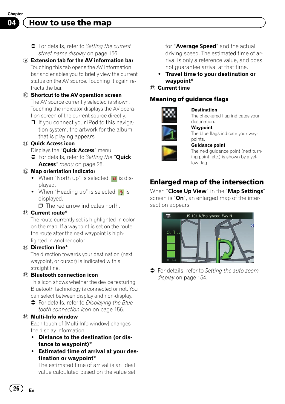 Enlarged map of the intersection 26, 04 how to use the map | Pioneer SUPER TUNER 3 D AVIC-Z120BT User Manual | Page 26 / 228