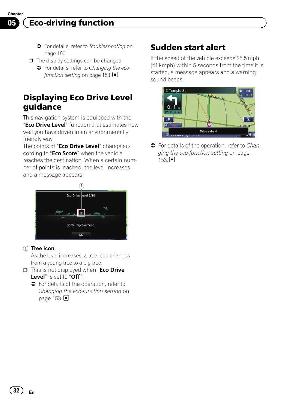Displaying eco drive level guidance, Sudden start alert, 05 eco-driving function | Pioneer SUPER TUNER 3 D AVIC-Z120BT User Manual | Page 32 / 228