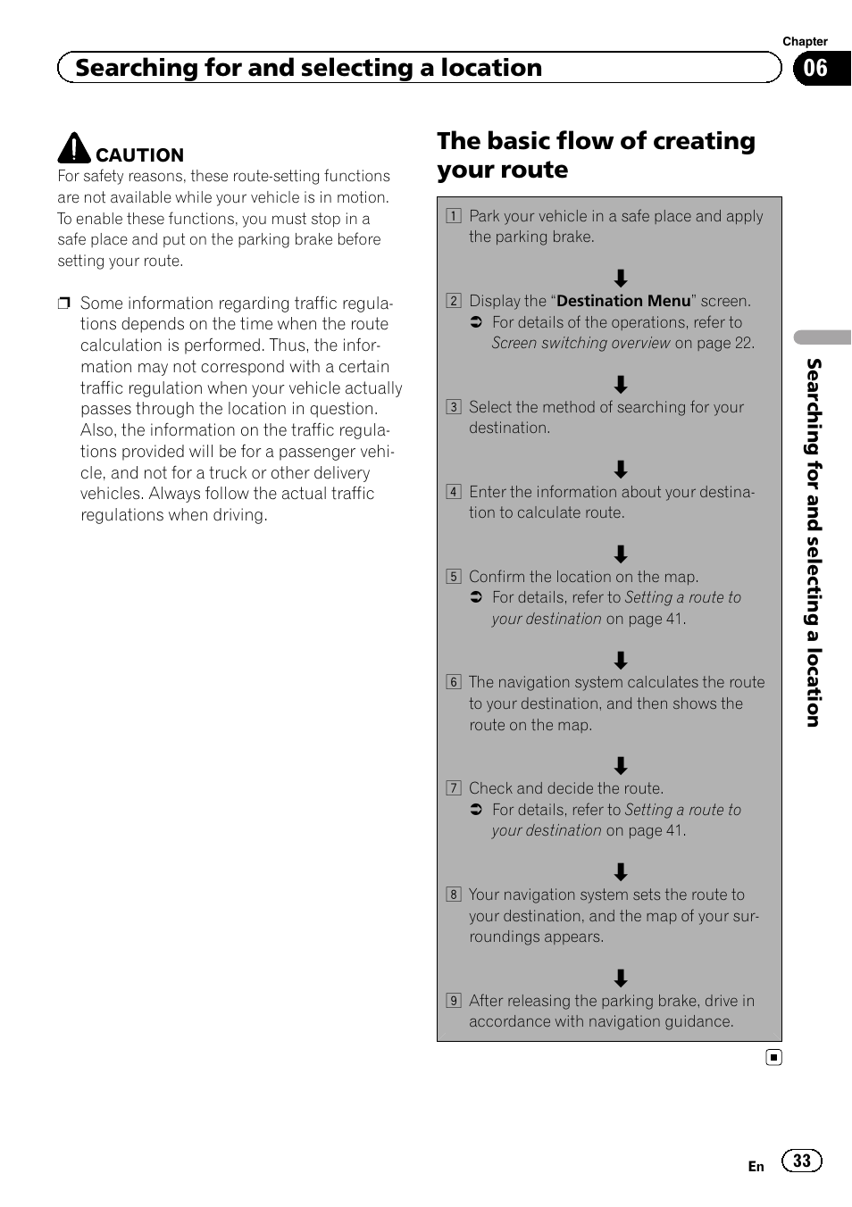 The basic flow of creating your route, Searching for and selecting a location | Pioneer SUPER TUNER 3 D AVIC-Z120BT User Manual | Page 33 / 228