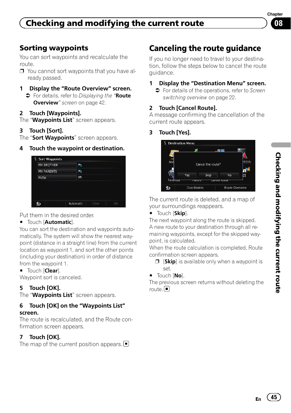 Sorting waypoints 45, Canceling the route guidance, Checking and modifying the current route | Sorting waypoints | Pioneer SUPER TUNER 3 D AVIC-Z120BT User Manual | Page 45 / 228