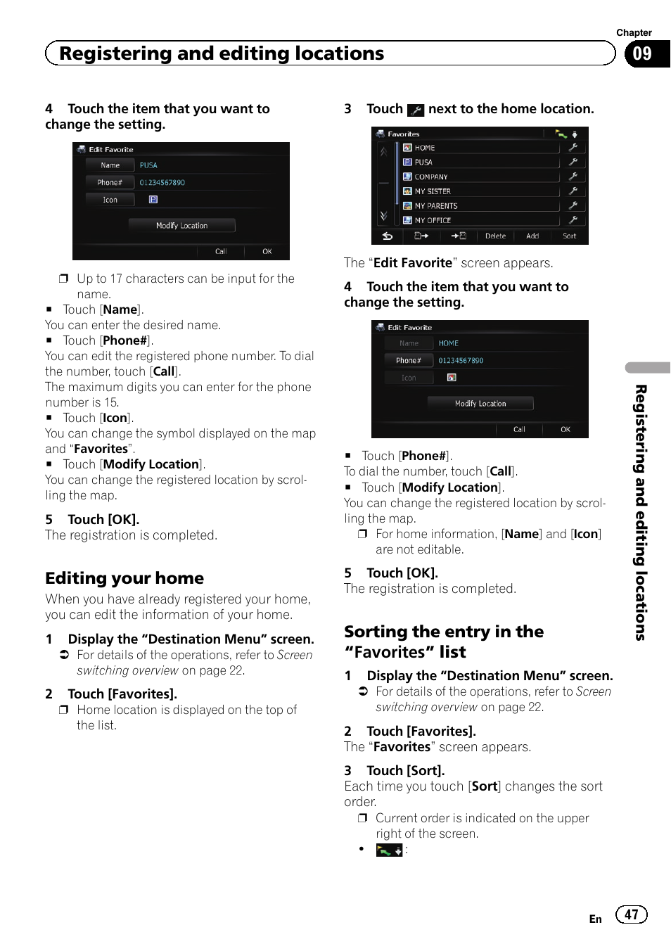 Editing your home 47, Sorting the entry in the “favorites, List | Registering and editing locations, Editing your home, Sorting the entry in the “favorites” list | Pioneer SUPER TUNER 3 D AVIC-Z120BT User Manual | Page 47 / 228