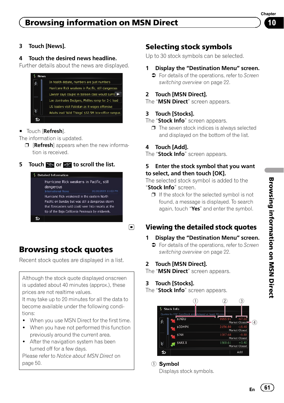 Browsing stock quotes, Selecting stock symbols 61, Viewing the detailed stock quotes 61 | Browsing information on msn direct, Selecting stock symbols, Viewing the detailed stock quotes | Pioneer SUPER TUNER 3 D AVIC-Z120BT User Manual | Page 61 / 228