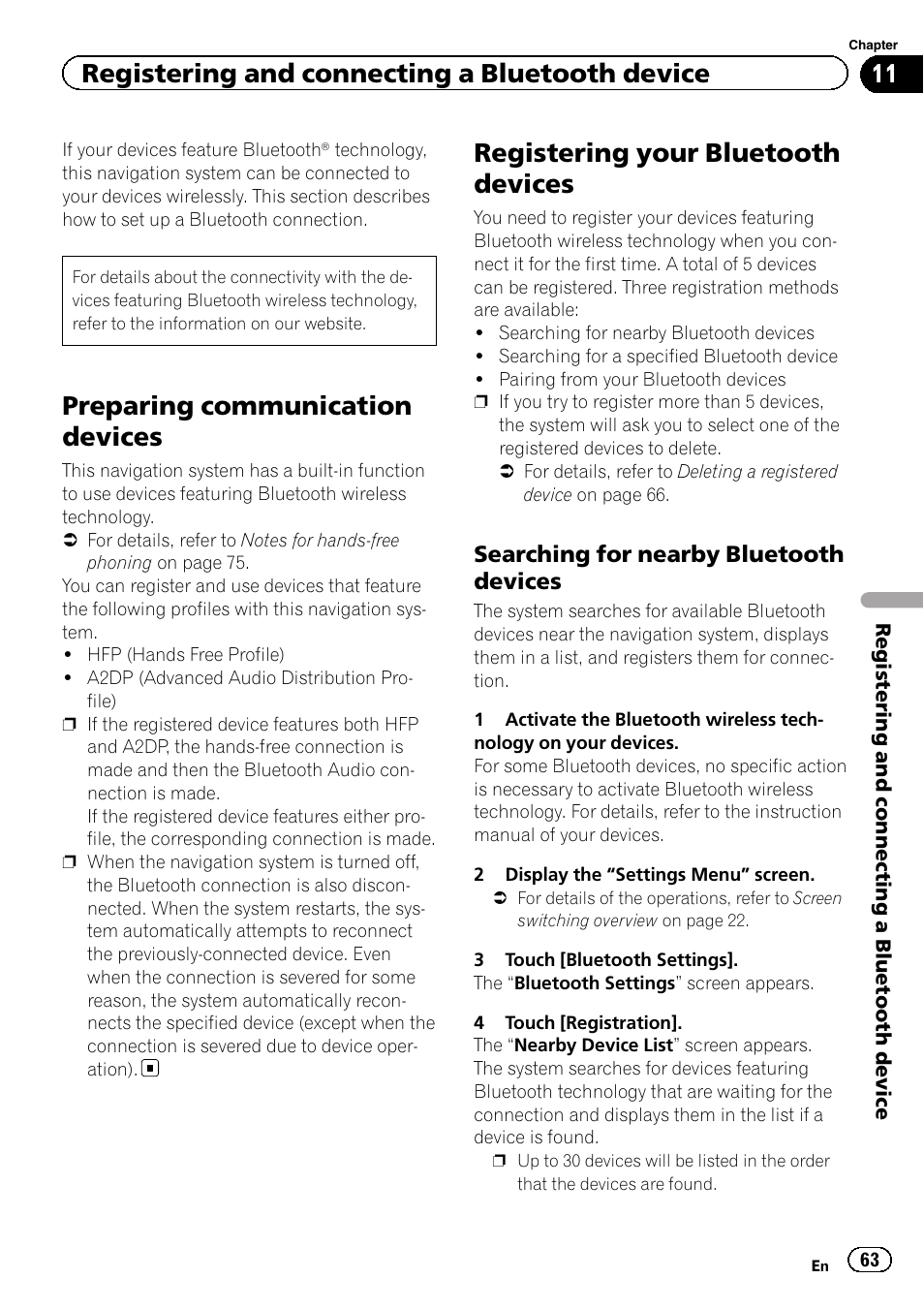 Registering your bluetooth devices, Searching for nearby bluetooth, Devices | Preparing communication devices, Registering and connecting a bluetooth device, Searching for nearby bluetooth devices | Pioneer SUPER TUNER 3 D AVIC-Z120BT User Manual | Page 63 / 228