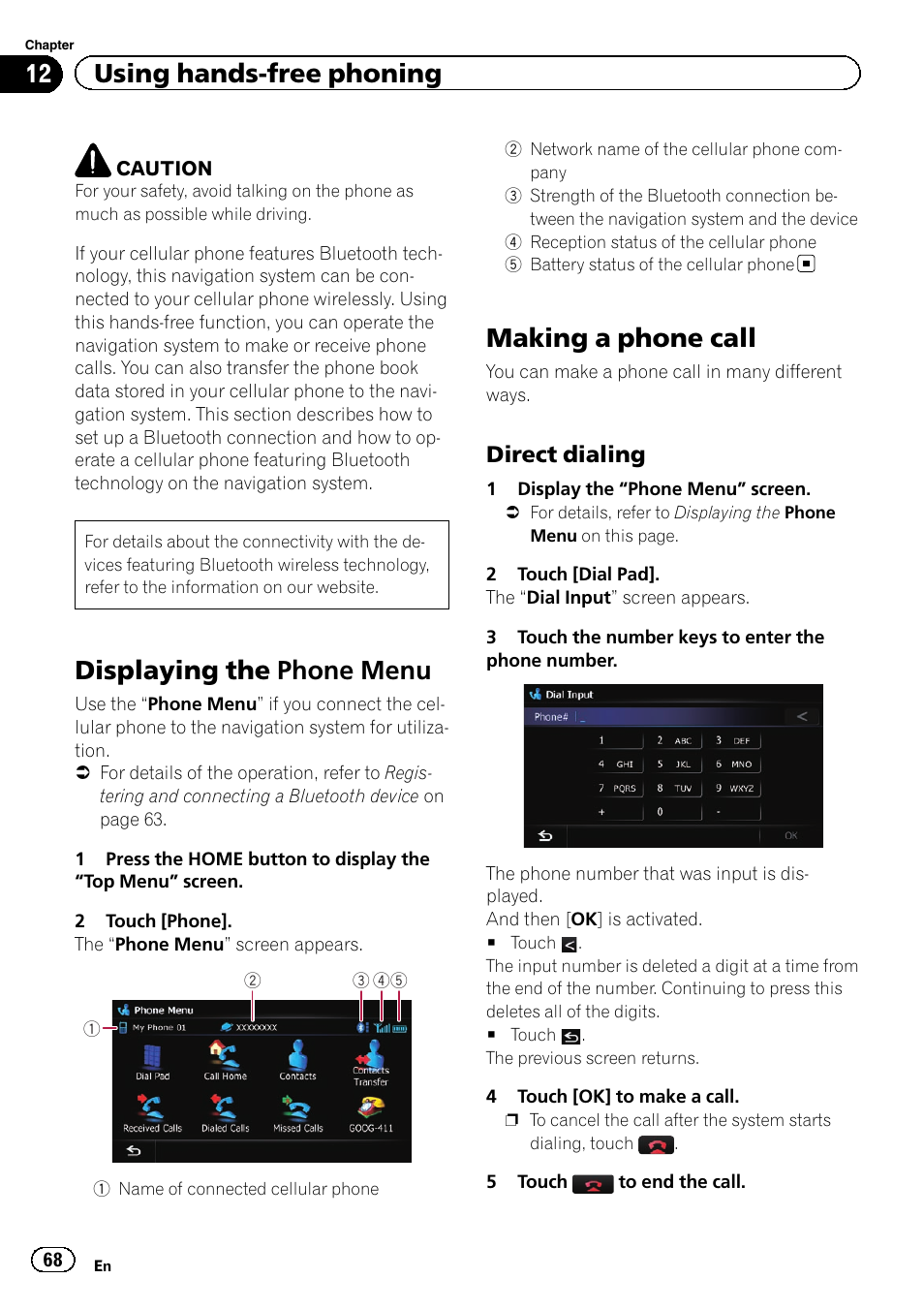 Using hands-free phoning displaying the phone menu, Making a phone call, Direct dialing 68 | Displaying the phone menu, 12 using hands-free phoning, Direct dialing | Pioneer SUPER TUNER 3 D AVIC-Z120BT User Manual | Page 68 / 228
