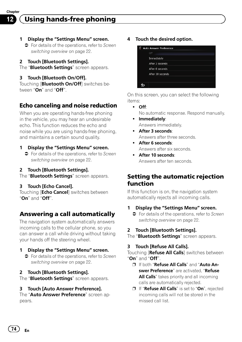 Echo canceling and noise, Reduction, Answering a call automatically 74 | Setting the automatic rejection, Function, Answering a call, 12 using hands-free phoning, Echo canceling and noise reduction, Answering a call automatically, Setting the automatic rejection function | Pioneer SUPER TUNER 3 D AVIC-Z120BT User Manual | Page 74 / 228