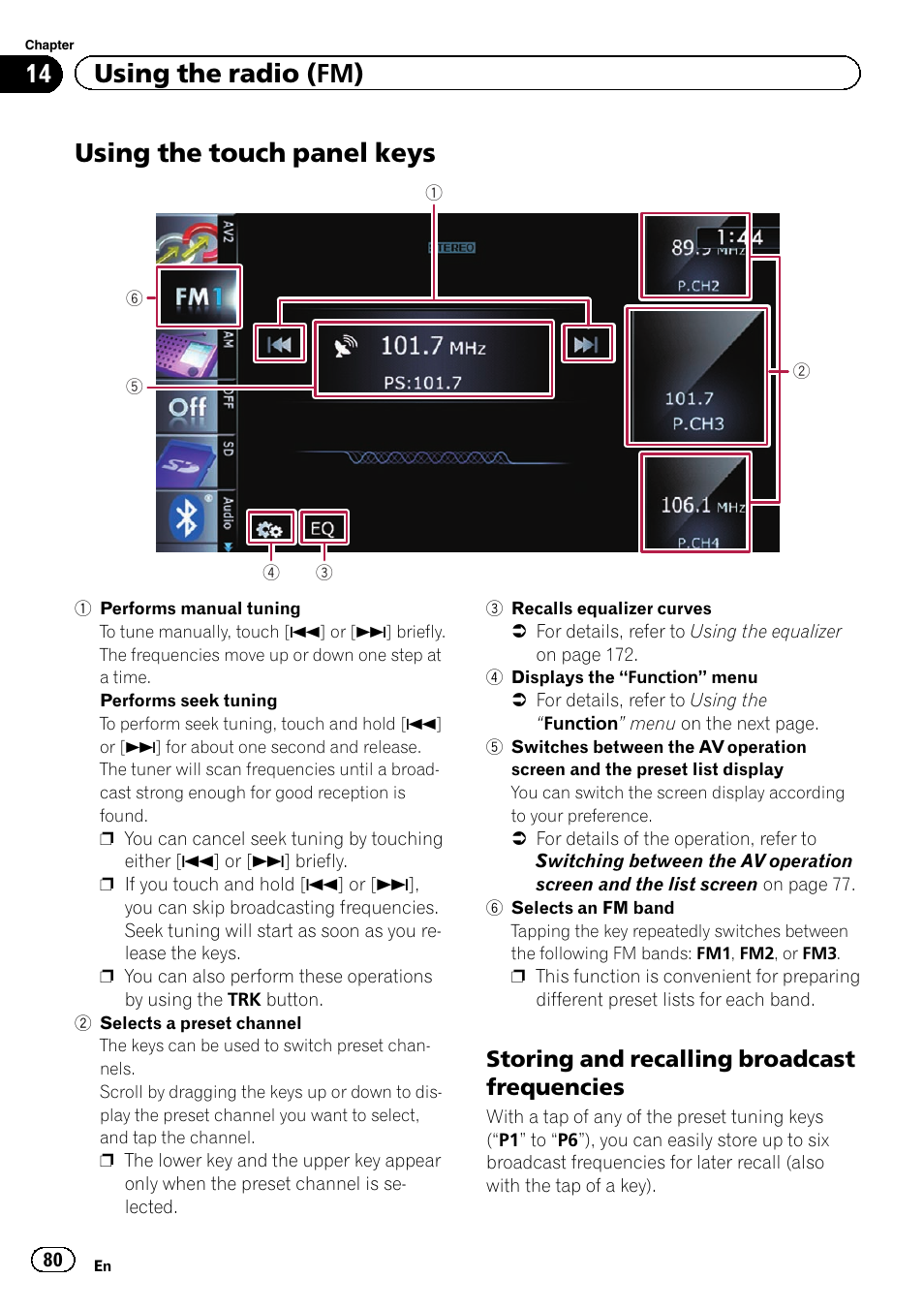 Using the touch panel keys, Storing and recalling broadcast, Frequencies | Using the touch panel, 14 using the radio (fm), Storing and recalling broadcast frequencies | Pioneer SUPER TUNER 3 D AVIC-Z120BT User Manual | Page 80 / 228