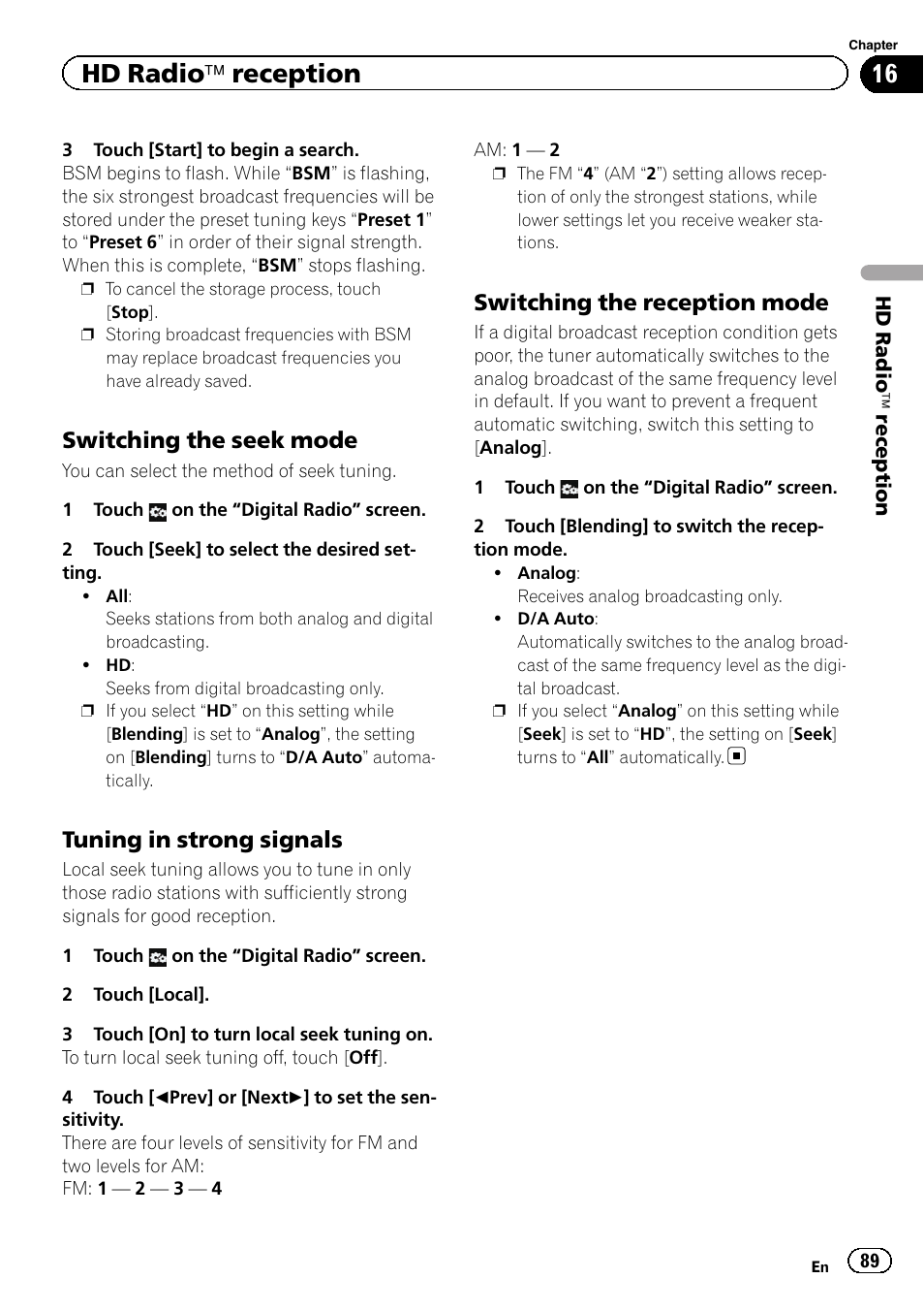 Switching the seek mode 89, Tuning in strong signals 89, Switching the reception mode 89 | Switching the recep, Switching the seek, Hd radio ä reception, Switching the seek mode, Tuning in strong signals, Switching the reception mode | Pioneer SUPER TUNER 3 D AVIC-Z120BT User Manual | Page 89 / 228