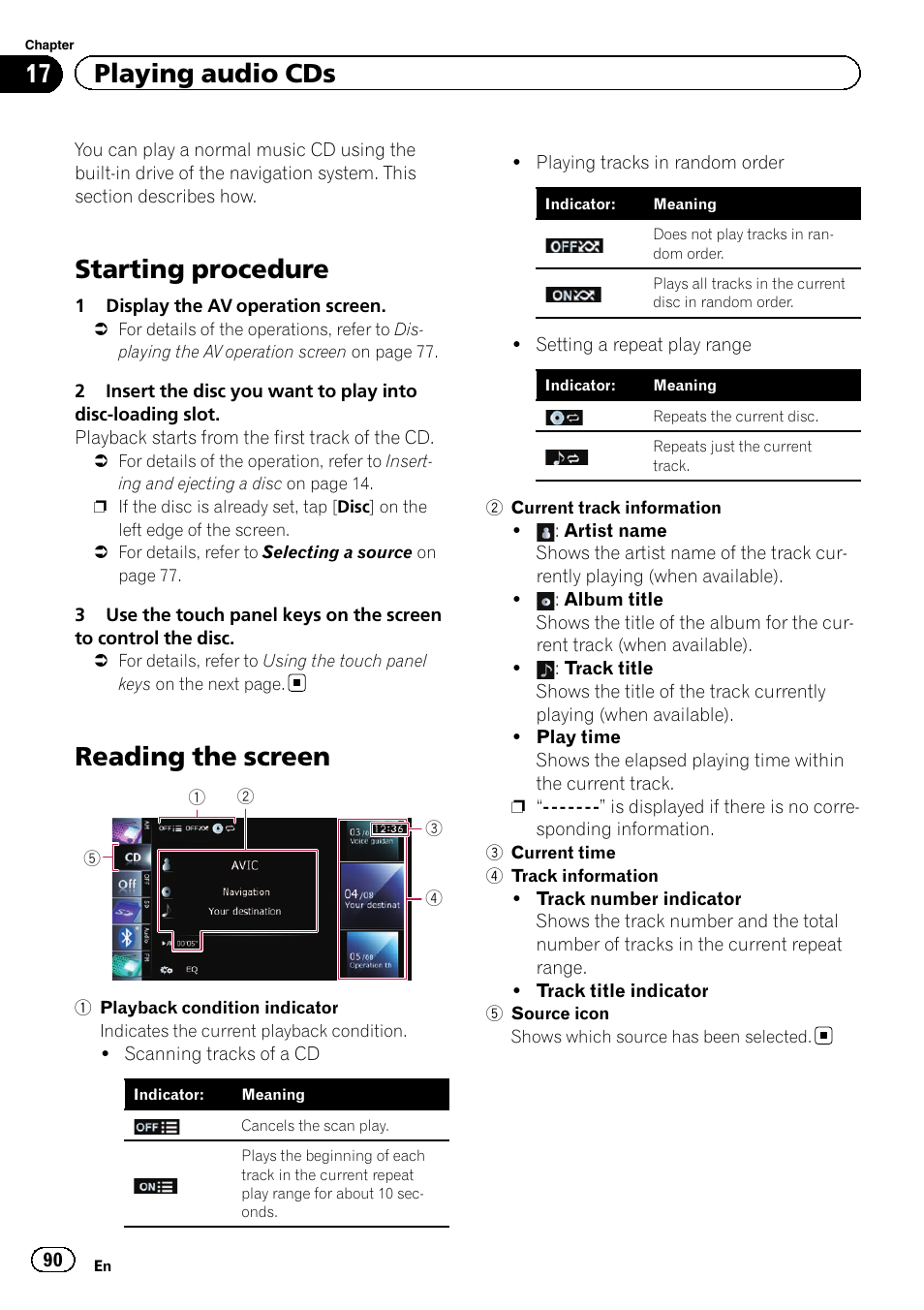 Playing audio cds starting procedure, Reading the screen, Starting procedure | 17 playing audio cds | Pioneer SUPER TUNER 3 D AVIC-Z120BT User Manual | Page 90 / 228