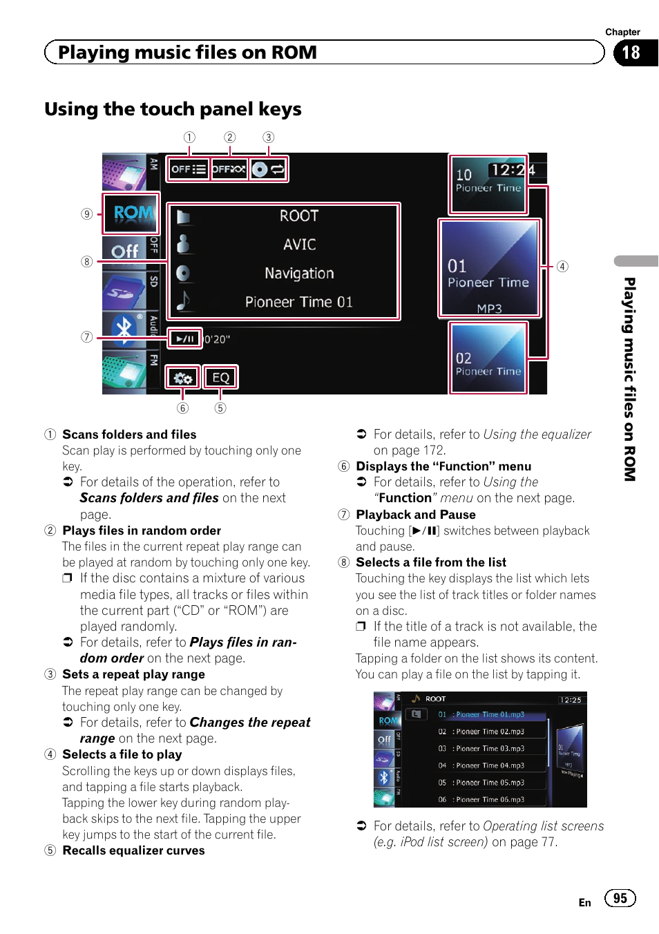 Using the touch panel keys, Playing music files on rom | Pioneer SUPER TUNER 3 D AVIC-Z120BT User Manual | Page 95 / 228