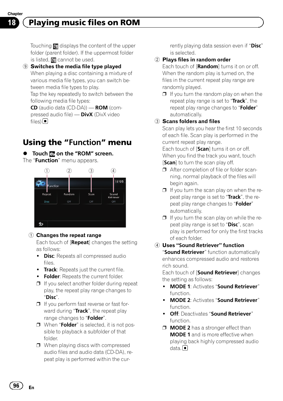 Using the, Function” menu 96, Switches the | Plays files in ran, Changes the repeat, Using the “function” menu, 18 playing music files on rom | Pioneer SUPER TUNER 3 D AVIC-Z120BT User Manual | Page 96 / 228