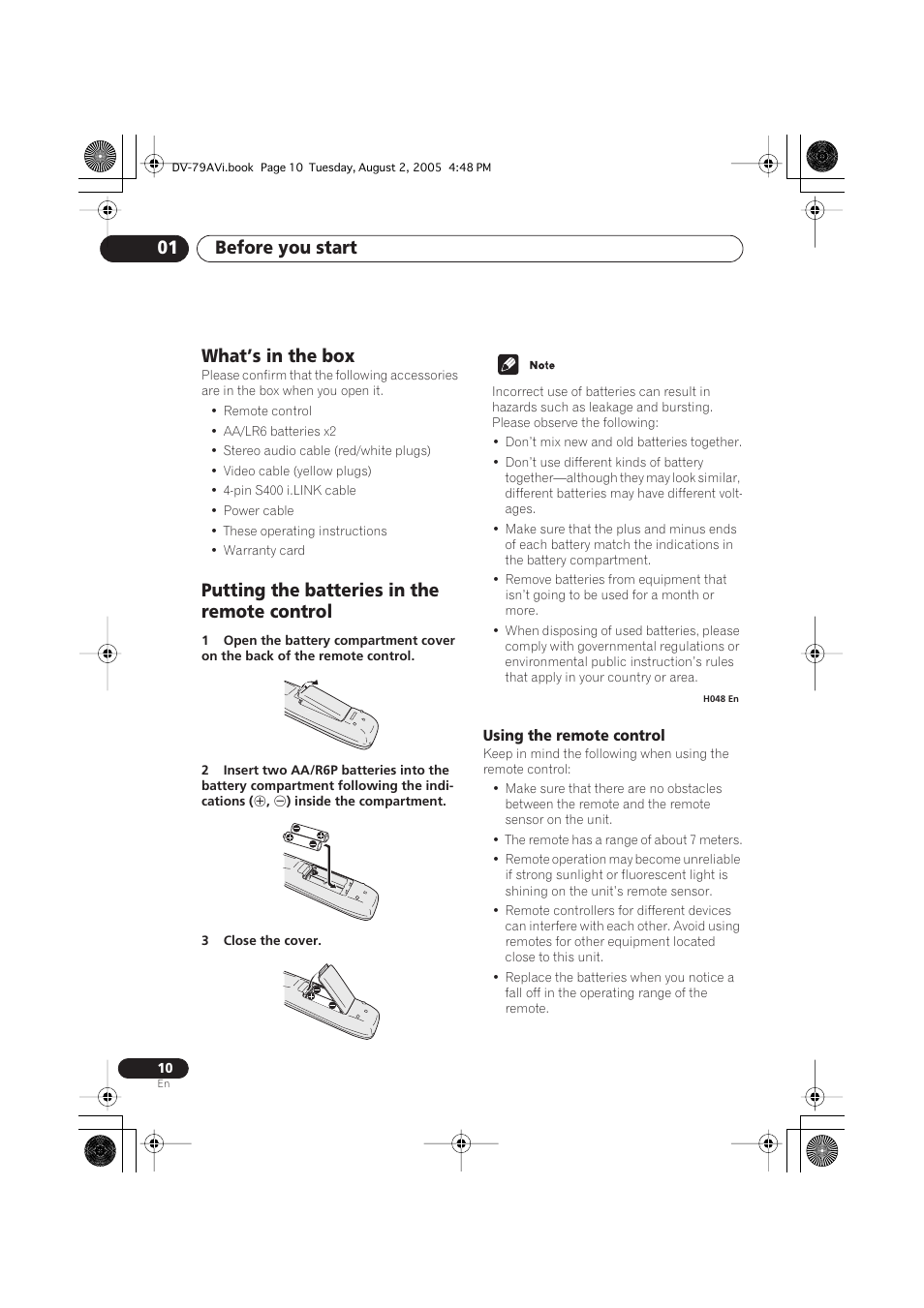 What’s in the box, Putting the batteries in the remote control, Using the remote control | Before you start 01 | Pioneer DV-79AVi User Manual | Page 10 / 99