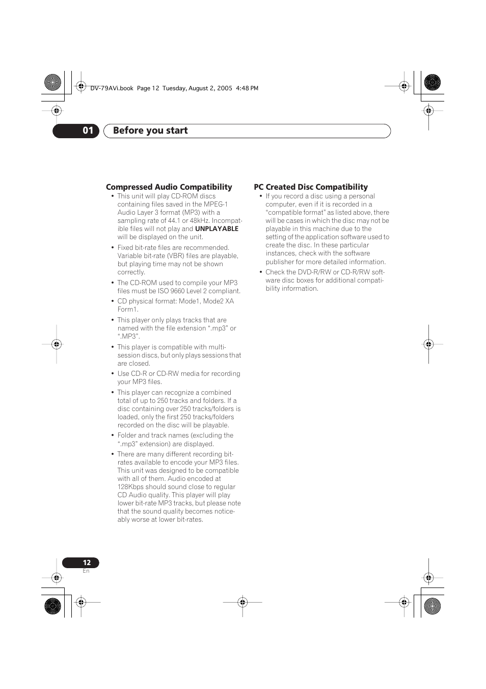 Compressed audio compatibility, Pc created disc compatibility, Before you start 01 | Pioneer DV-79AVi User Manual | Page 12 / 99